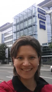 Lize Engelbrecht in front of the Zeiss Microscopy Laboratories in Munich, Germany for training on the 3D PALM/dSTORM system and CLEM