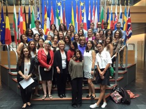 Our group posed for photos at the European Parliament, in front of the flags of the countries of the European Union