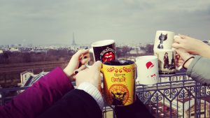 My friends and I cheersing to a brunch on the terrace of my foyer