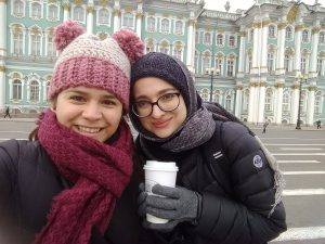 Helena and friend after successfully ordering coffee