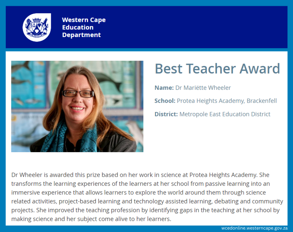 2021 National Best Teacher Award_Dr Mariette Wheeler