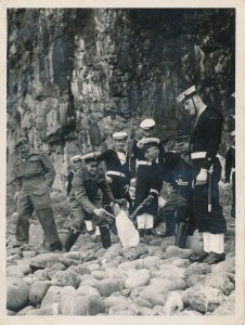 1948 01 24 Prince Edward Island flag hoist Ceremony Lt Peter Selk PO Schott gives penguin solid handshake