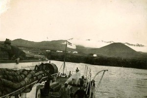 The H.M.S.A.S. Natal lies off Transvaal Cove and the meteorological station