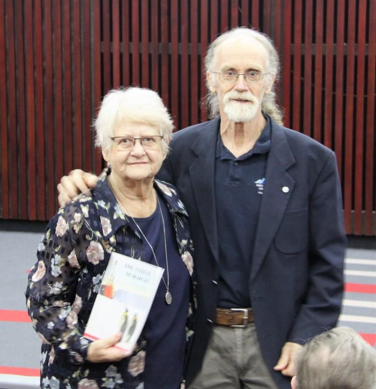 John Cooper presented a copy of The White Horizon to Mettie la Grange, wife of late Hannes la Grange (Team Leader, SANAE 1).  