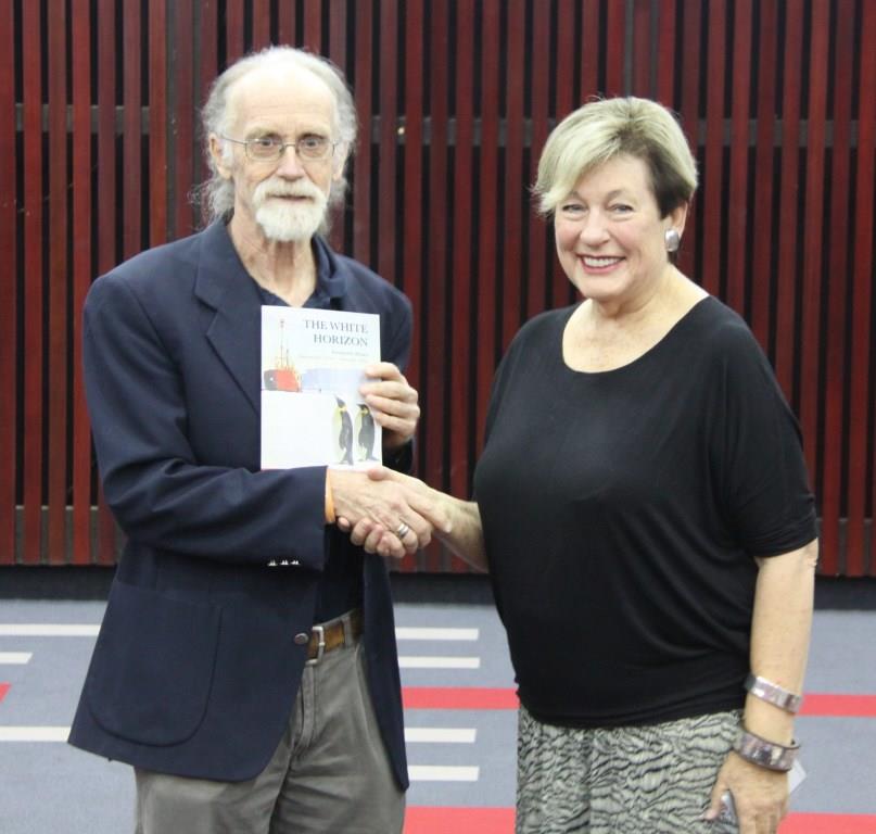 John Cooper presented a copy of The White Horizon to Janetje van der Merwe (daughter of Dr André le Roux van der Merwe, Medical Doctor of SANAE 1).  