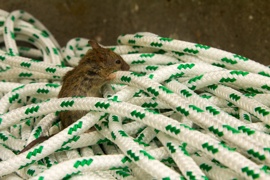The image shows a mouse hitchhiking on marine ropes