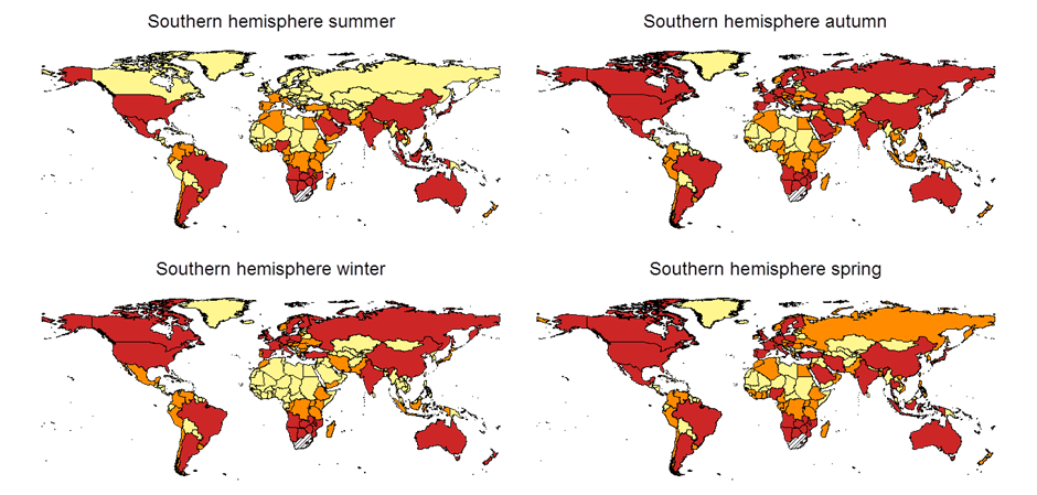 The map shows the seasonal variation (based on southern hemisphere seasons) in the countries from which a low, medium or high number of species with the potential to establish will be introduced to South Africa
