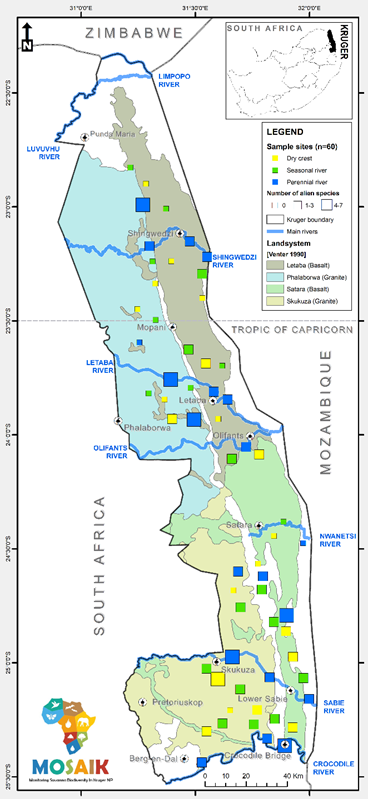 The Kruger National Park (KNP) in South Africa showing the location of the 60 sampled sites.