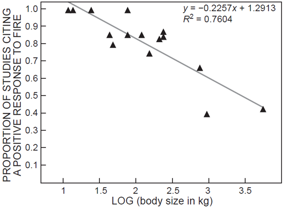 The relationship between herbivore species body size and the proportion of studies that noted a positive response to fire for that species included in five studies or more.