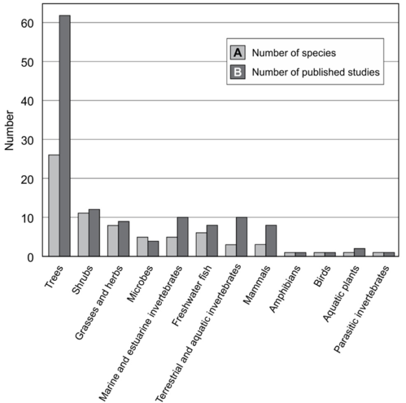 The number of (A) invasive alien species across broad taxonomic and life-form groupings for which ecological impacts have been quantified in South Africa; and (B) the number of published studies on each group.