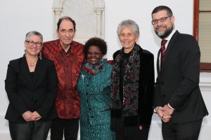 Prof Sandy Liebenberg (HF Oppenheimer Chair in Human Rights), retired Justice Albie Sachs, Justice Sisi Khampepe, Prof Sonia Human (Dean, Law Faculty) & Prof Geo Quinot (Vice Dean, Law Faculty)